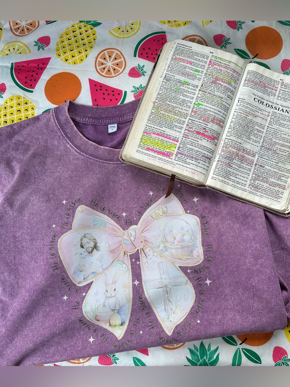 New Oversized Stonewashed Purple Graphic Jesus/Easter Bow Tee - Cotton